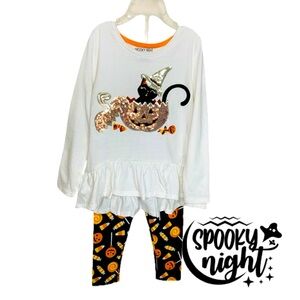 SPOOKY NIGHT Halloween Witch Cat in Jack-o’-lantern Legging Set Girl’s Sz XS(4)